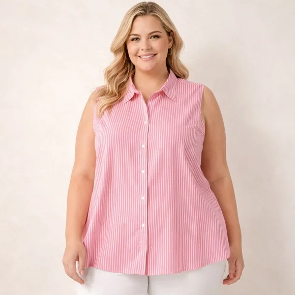 ALC Woman Pink White Stripe Sleeveless Button Down Blouse 3X Wrinkle Free - Picture 2 of 8
